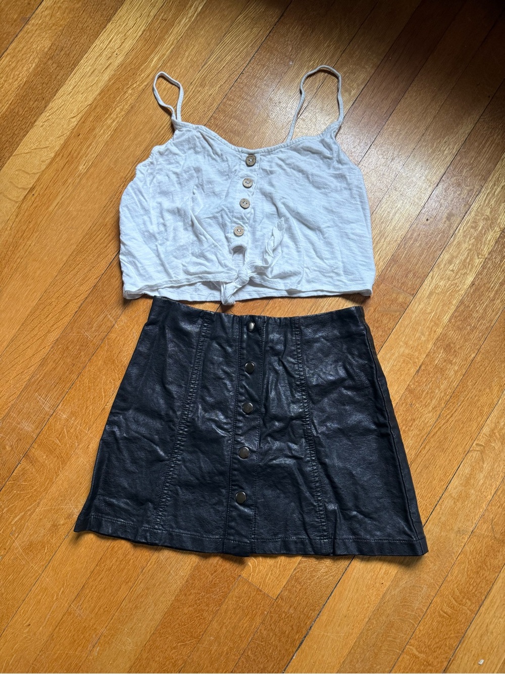 Button-Front Black Faux Leather Mini Skirt With Shirt